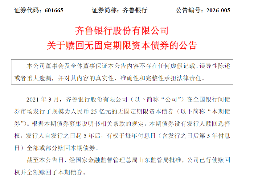 齐鲁银行全额赎回25亿元无固定期限资本债券