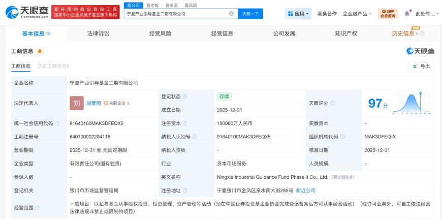 宁夏产业引导基金二期公司登记成立 注册资本10亿