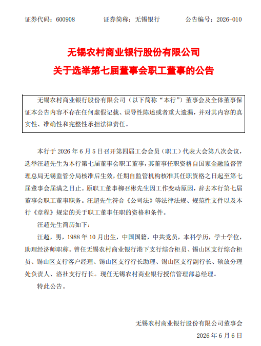 无锡银行：选举汪超为职工董事