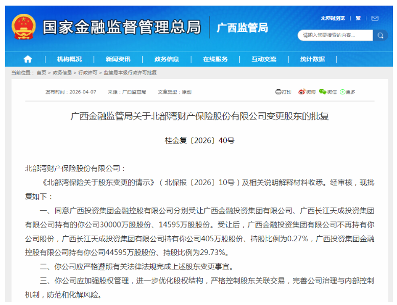 广投金控入主，北部湾财险第一大股东生变