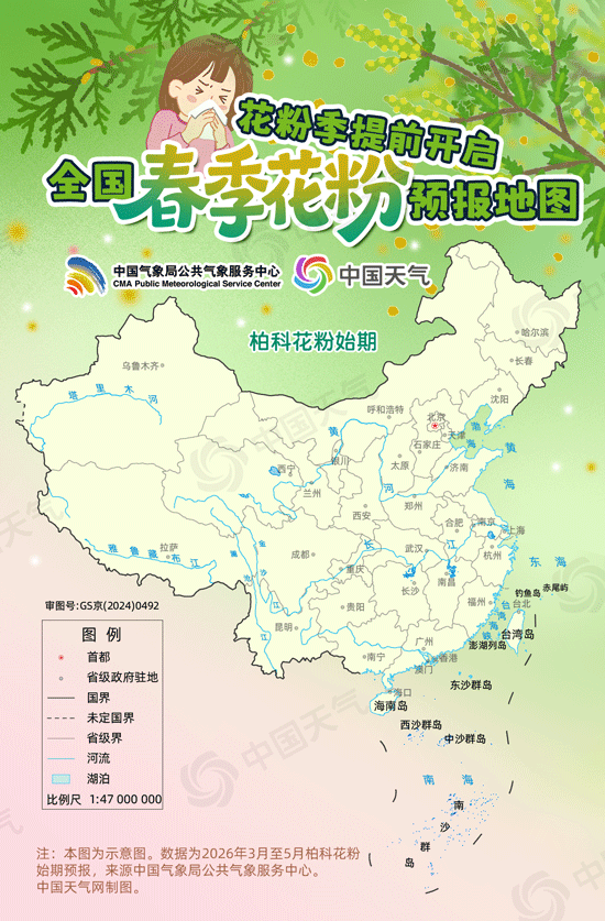 过敏季提前！全国春季花粉预报地图来了 看哪里将进入过敏高发期